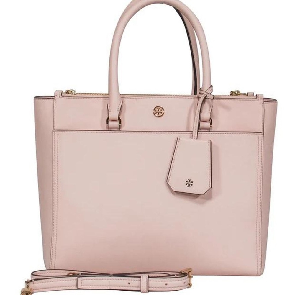Tory‎ Burch Robinson Double Zip Tote Pale Apricot Royal Navy Style 46332 0218